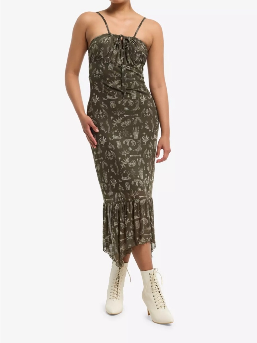 Hot Topic Olive Green animal skeleton print Strap Midi Dress